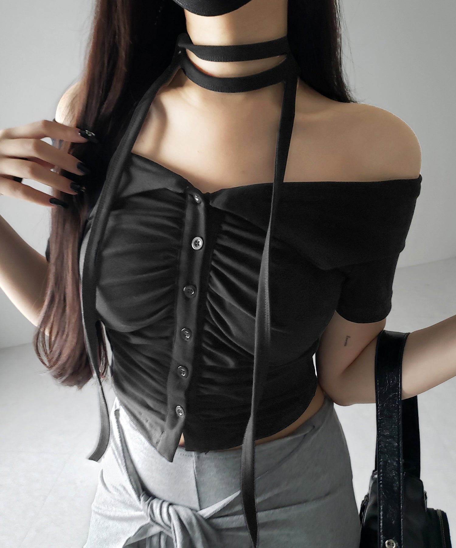 【 ３color 】チョーカーロングタイ付き　オフショルダータックギャザーＴシャツ ／ choker long tie SET offshoulder tuck gather slim T-shirt