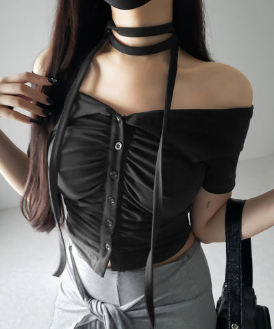 【 ３color 】チョーカーロングタイ付き　オフショルダータックギャザーＴシャツ ／ choker long tie SET offshoulder tuck gather slim T-shirt
