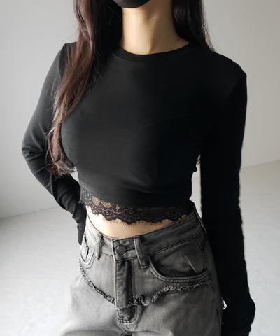 【 裏起毛 】裾レースドッキングショートＴシャツ ／ hem lace docking short Tee