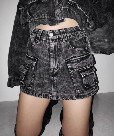 【 デニムセットアップ着用可能 】ヴィンテージケミカルブリーチカーゴデニムミニスカパン ／ vintage chemical bleach cargo denim mini skirt pants