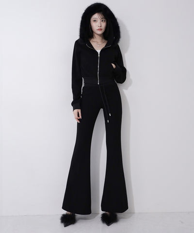 【 セットアップ 】ファーフードショートパーカー＆スウェットフレアパンツ ／ Fur short hoodie ＆ sweat flare pants SETUP