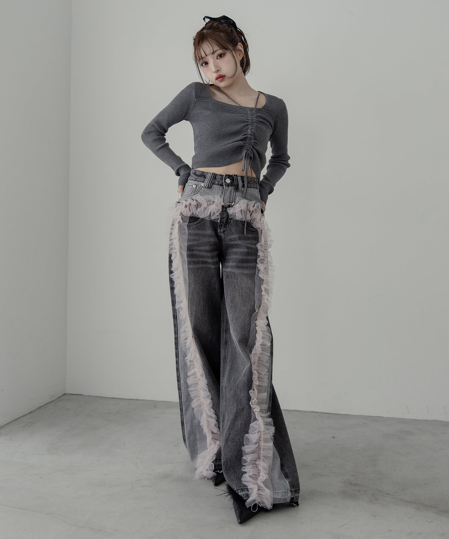 【 ２color ／ 3size 】シアーフリルドッキングダメージストレートデニム ／ sheer frill docking damage straight denim