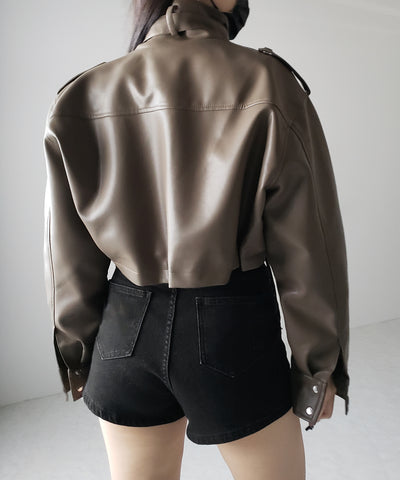 【 ２WAY 】スタンドカラーベルテッドフェイクレザーショートブルゾン ／ stand collar belted fake leather short blouson