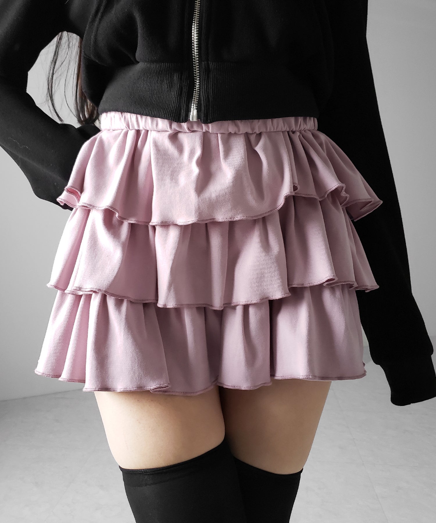 【 新色ピンク追加！４color 】３段フリルカットソーミニスカパン ／ 3 frill cutsew mini skirt pants