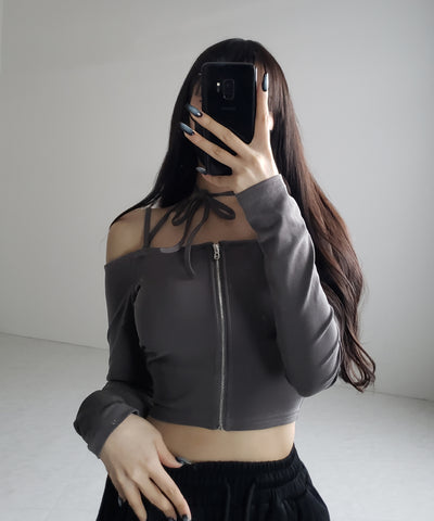 【 ３color ／ カップ付 】フロントジップクロスストラップオフショルトップス ／ front zip cross straps off-shoulder tops