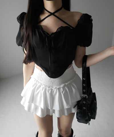 【 ２color ／ ２WAY 】フロントリボンクロスネック半袖シフォンブラウス ／ front ribbon cross neck short sleeve chiffon blouse
