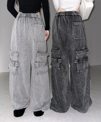 【 裾絞り可能２WAY 】サイドラインピグメントワイドカーゴスウェットパンツ ／ sideline pigment wide cargo sweatpants
