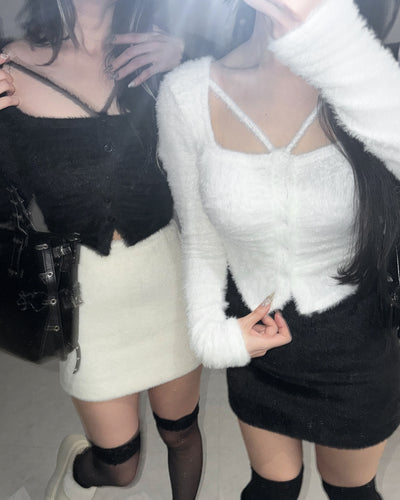 クロスストラップスクエアショートシャギーカーディガン ／ cross strap square short shaggy cardigan