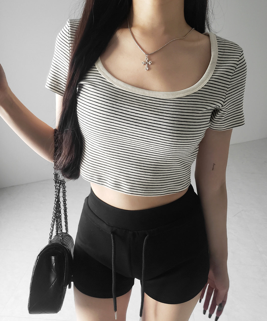 【 ２color 】ピンボーダースクエアネックショートＴシャツ ／ pin border square neck short T-shirt