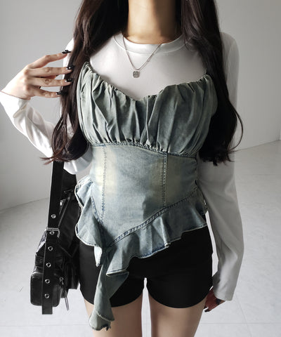 【 ２点セット 】ヴィンテージデニムビスチェ ＆ レイヤードＴシャツセット ／ vintage denim bustier & layered Ｔ-shirts set
