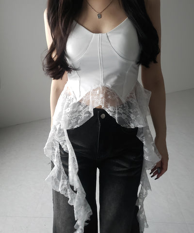 【 ２color 】レースフリルレイヤードビスチェキャミソール ／ lace frill layered bustier camisole