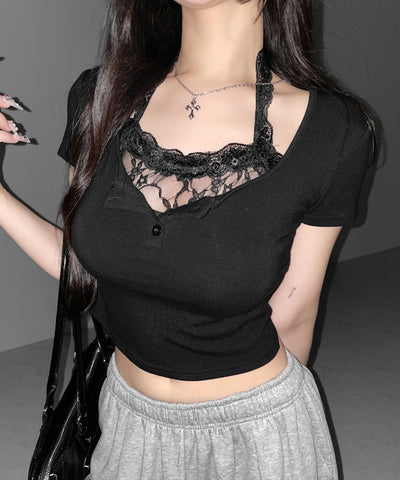 レースレイヤードホルターヘンリーネック半袖Ｔシャツ ／ lace layered halter henley neck short sleeve T-shirt