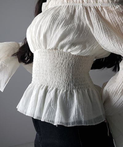 【 ２color ／ ２WAY 】ウエストシャーリングシアーフリルオフショルブラウス ／ waist shirring sheer frill off shoulder blouse