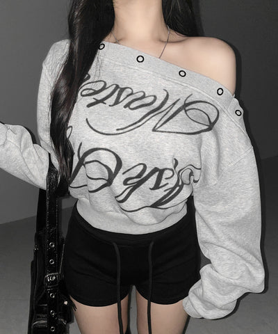レタリングロゴワンショルスウェットトップス ／ Lettering logo one-shoulder sweat tops