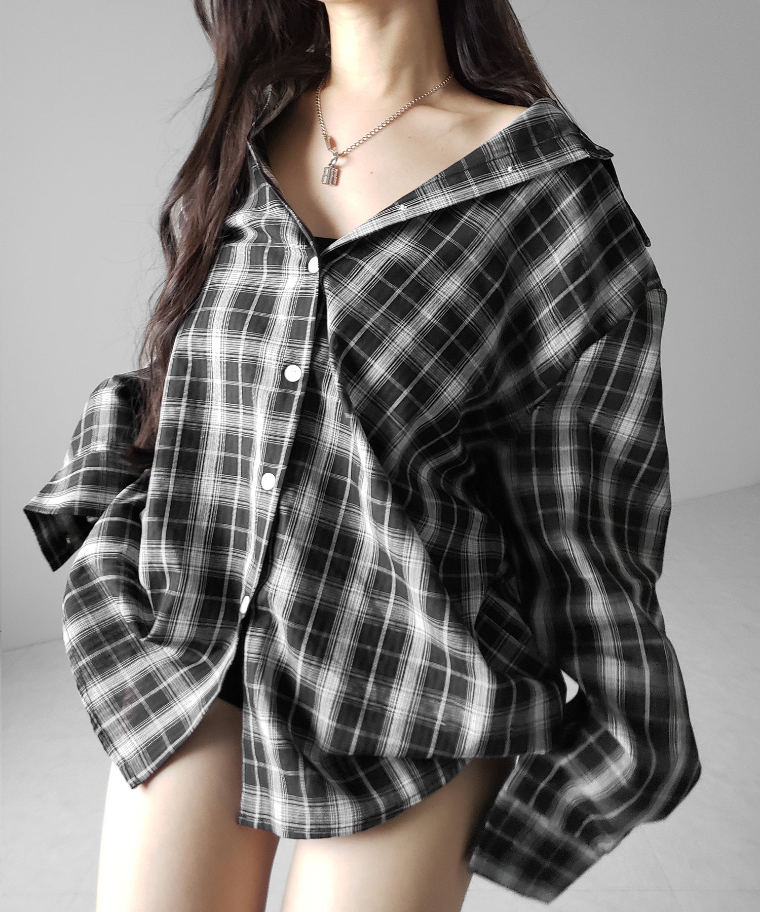 ビッグシルエットブラックシアーチェックシャツ ／ big silhouette black sheer check shirt