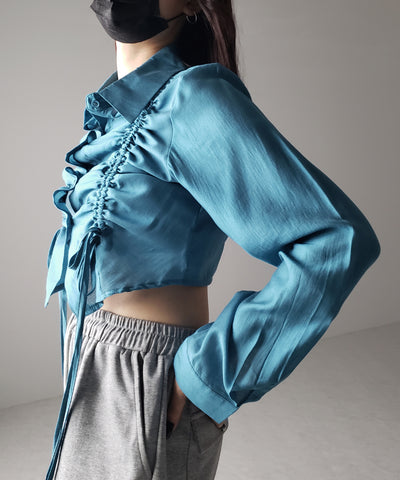 【 ３color 】ダブルリボンシャーリングショートシアーシャツ ／ double shirring ribbon short sheer shirts