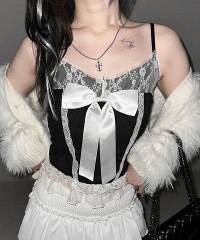 フロントサテンリボンレースキャミビスチェ ／ front satin ribbon lace cami bustier