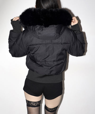 フェイクファーフード中綿ショートジャケット ／ fake fur hoodie fake down short jacket