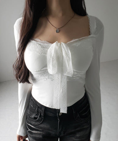 【 ２color ／ ２WAY 】クロスネックレースリボンスクエアカットソートップス ／ cross neck lace ribbon square cutsaw tops