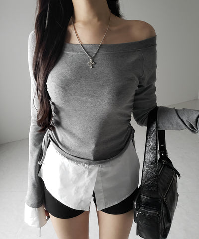 【 ２color ／ ２WAY 】シャツドッキングサイドリボンワンショルトップス ／shirt docking side ribbon oneshoulder tops