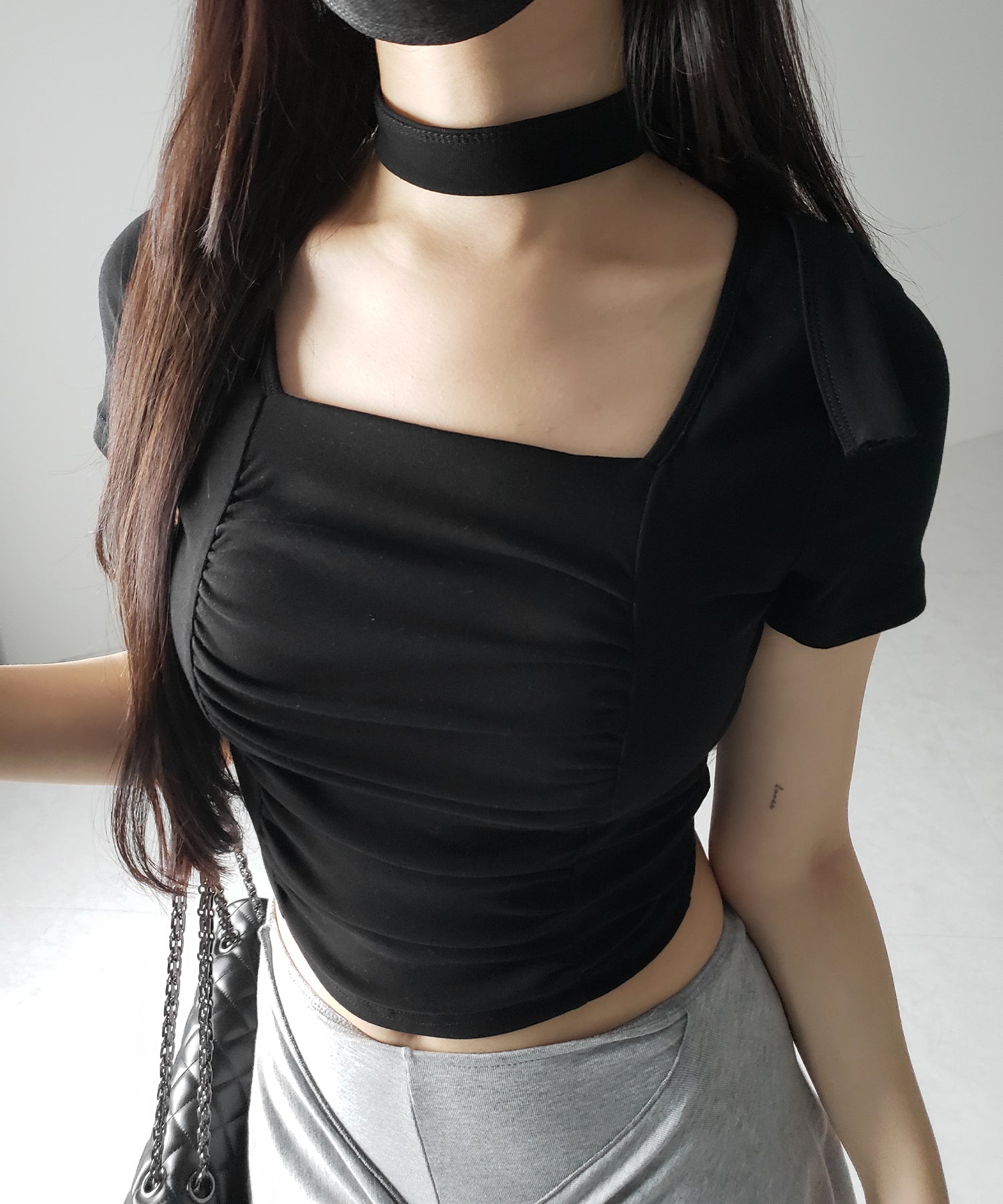 【 ２WAY 】チョーカーロングタイ付き スクエアネックギャザースリムＴシャツ ／ choker long tie SET square neck gather slim sleeve T-shirt