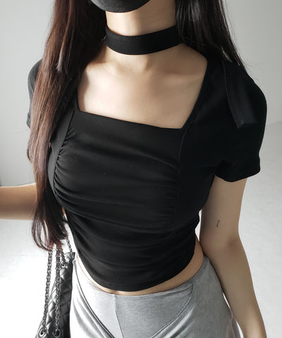 【 ２WAY 】チョーカーロングタイ付き スクエアネックギャザースリムＴシャツ ／ choker long tie SET square neck gather slim sleeve T-shirt