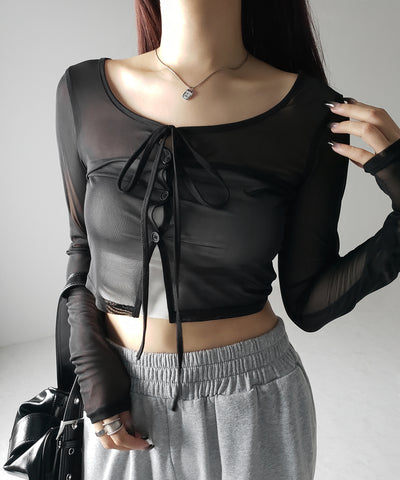 【 ３color ／ ２WAY 】クロスストラップリボンシアーショートカーディガン ／ cross strap ribbon sheer short cardigan