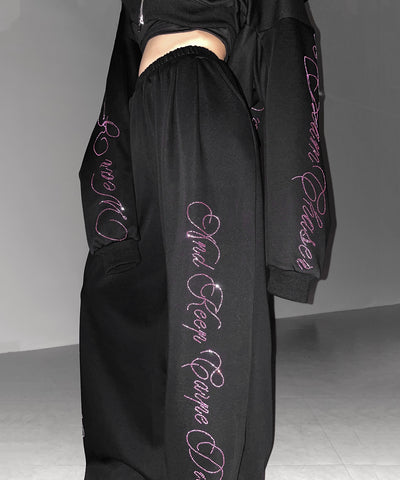 【 セットアップ可能 】ラインストーンロゴワイドスウェットパンツ ／ Rhine stone logo wide sweatpants