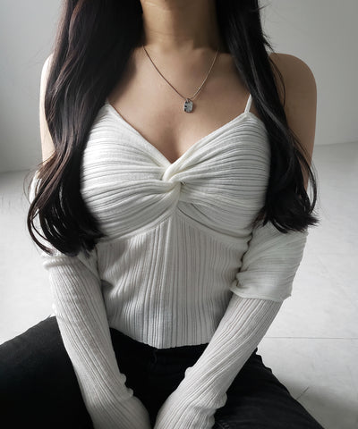 【 2点セット 】ツイストリブニットキャミソール ＋シアーリブショートカーディガン SET ／ twisted rib knit camisole + sheer rib short cardigan SET