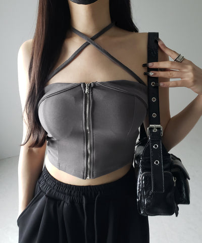 【 ２WAY／ カップ付 】ジップアップクロスストラップリボンベアトップス ／ zip up cross strap ribbon bare tops