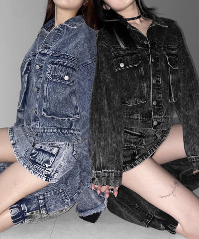 【 デニムセットアップ着用可能 】ヴィンテージケミカルブリーチカーゴデニムミニスカパン ／ vintage chemical bleach cargo denim mini skirt pants