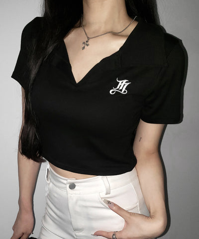 【 ２color 】M LOGO スキッパーショート半袖Tシャツ ／ M LOGO skipper neck short sleeve T-shirt