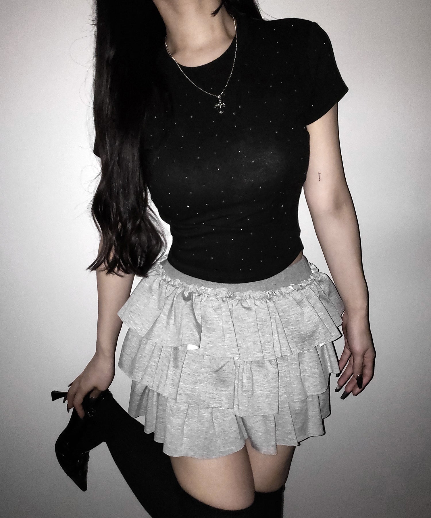 ラインストーン半袖タイトＴシャツ ／ Rhinestone short sleeve tight T-shirt