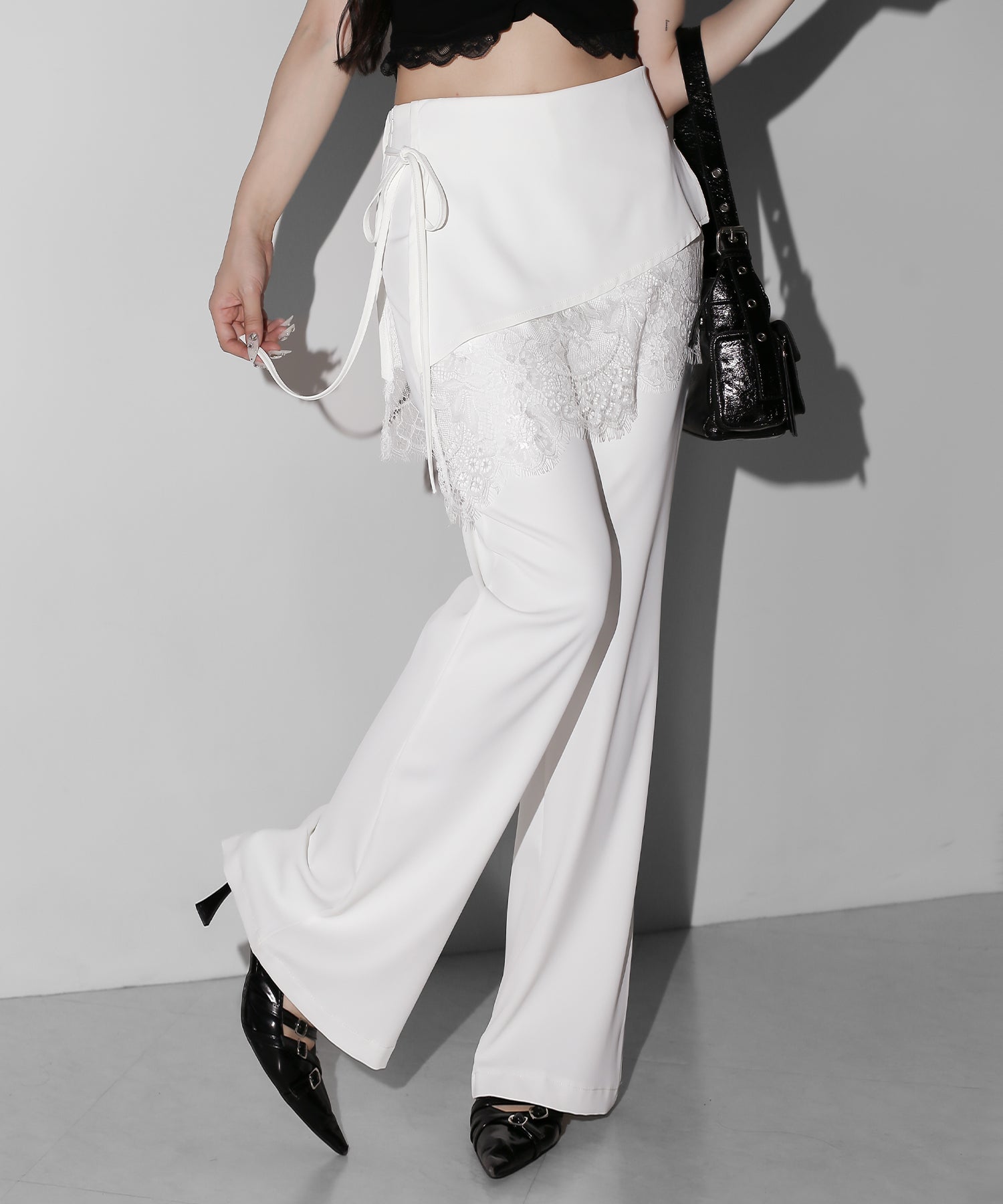 【３size 】レースレイヤードサイドリボンラップフレアスラックス ／ lace layered side ribbon wrap flare slacks