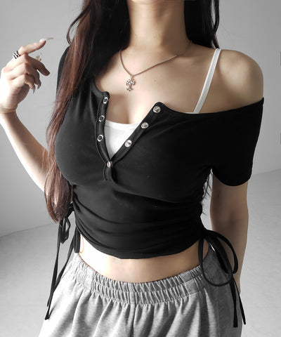 【 ２点セット 】ヘンリーネックサイドリボン半袖ぴちＴシャツ ／ Henley neck side ribbon short-sleeve pichi T-shirt