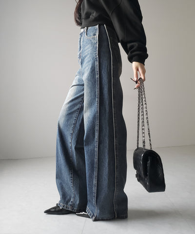 【 ３color ／ ４size 】サイドタック切替ハイウエストストレートデニム ／side tack kirikae highwaist straight denim
