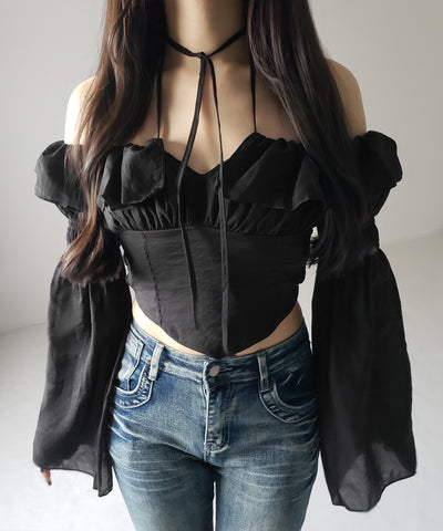 【 ２color ／ ３WAY 】チョーカーリボンフレアスリーブオフショルブラウス ／ choker ribbon flare sleeve off-shoulder blouse