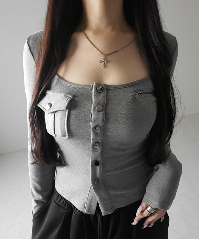 アウトポケットスクエアネック長袖スリムTシャツ ／Out pocket square neck long sleeve slim T-shirt
