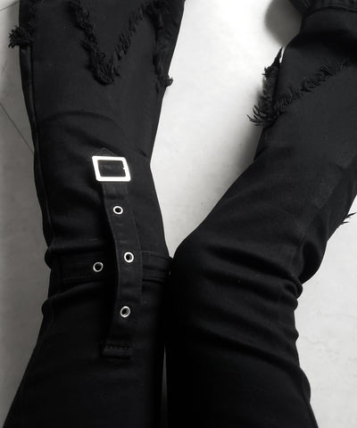 クロスデザインヴィンテージライクフリンジストレッチフレアデニム ／ cross design vintage-like fringe stretch flare denim