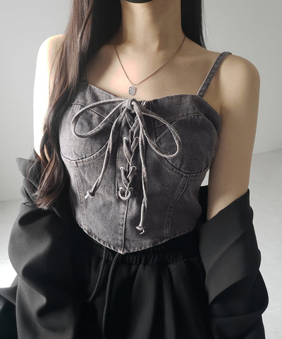 【 ２color 】レースアップリボンコルセットデニムビスチェ ／ lace up ribbon corset denim bustier