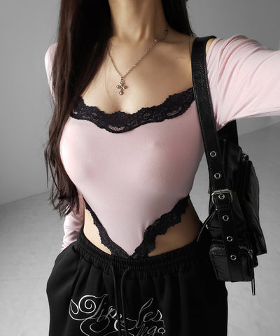 カットアウトレースポイントボディスーツトップス ／cutout lace point bodysuit tops