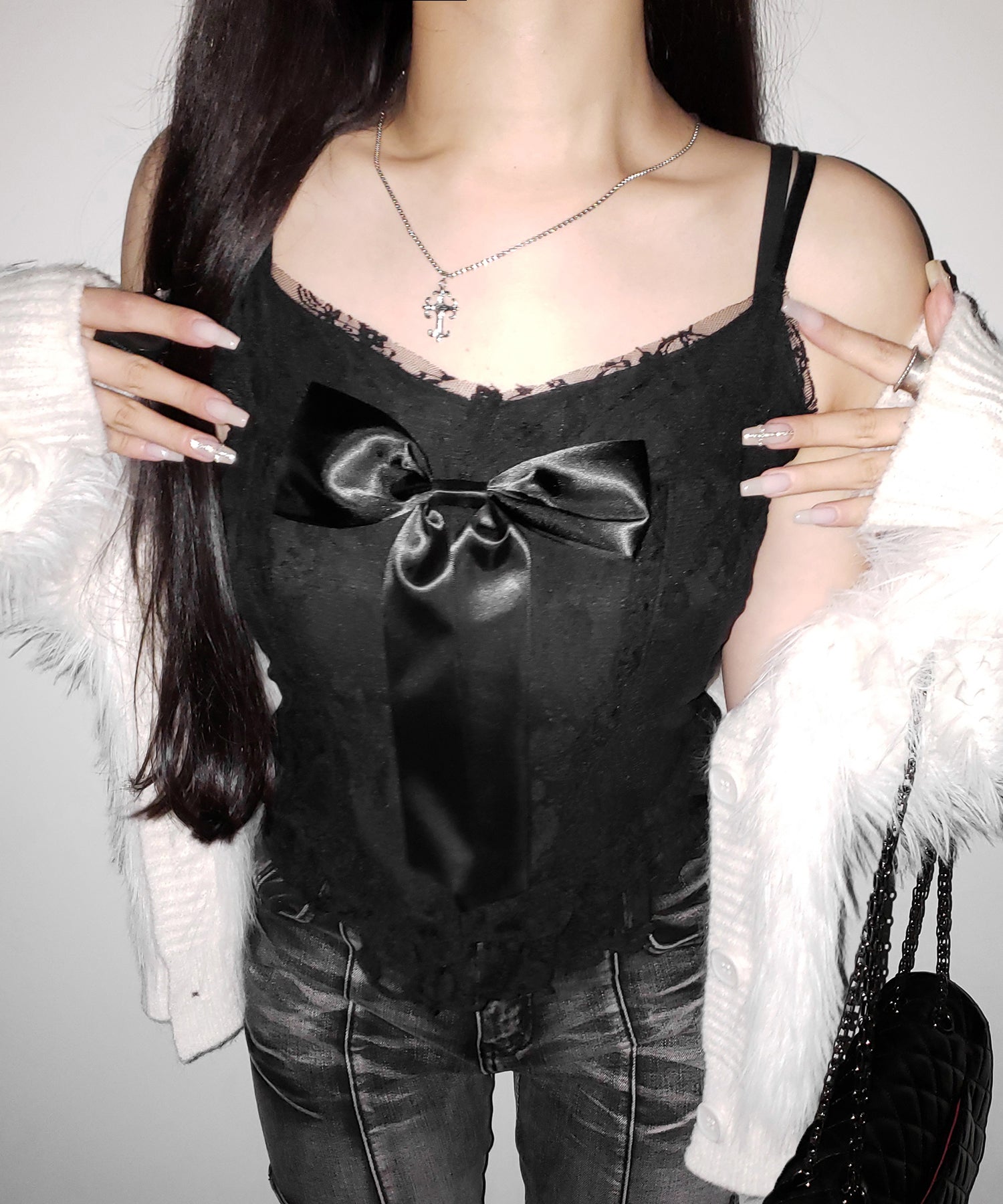 フロントサテンリボンレースキャミビスチェ ／ front satin ribbon lace cami bustier