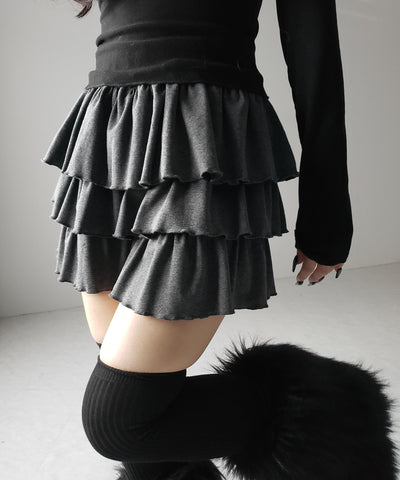 【 ３color 】３段フリルカットソーミニスカパン ／ 3 frill cutsew mini skirt pants