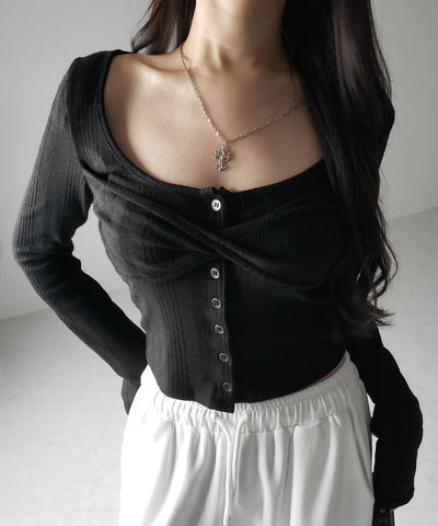【 ３color 】フロントボタンオープンネックリブカットソートップス ／ front button open neck ribbed cutsew tops