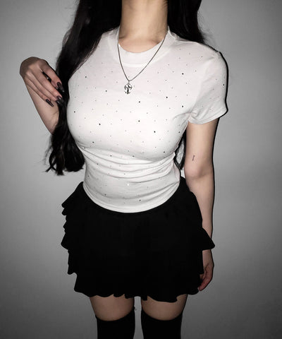 ラインストーン半袖タイトＴシャツ ／ Rhinestone short sleeve tight T-shirt