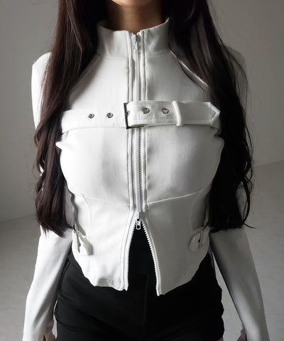 スタンドカラーベルテッドダブルジップスリムトップス ／ stand collar belted double zip slim tops