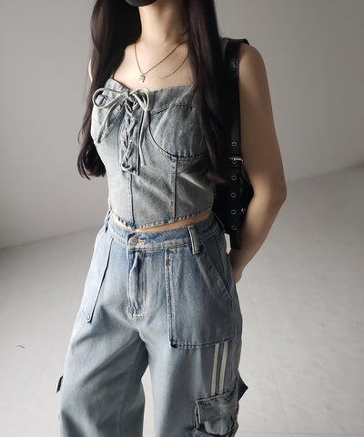 【 ２color 】レースアップリボンコルセットデニムビスチェ ／ lace up ribbon corset denim bustier