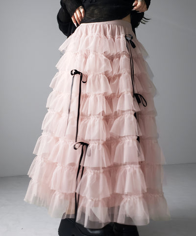 【 新色ピンク追加！／５color 】ストラップリボンバレエコアチュールスカート ／strap ribbon ballet core tulle skirt