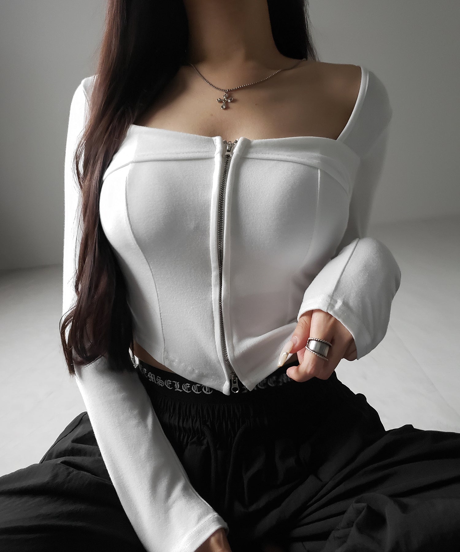 【 ２color 】ダブルジップコルセットスクエアネックロンＴ ／ double zip corset square neck longsleeve T-Shirt