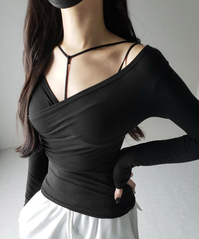 【 ２点セット 】Y-ストラップスリムギャザーレイヤードトップス ／ Y-strap slim gather layered tops